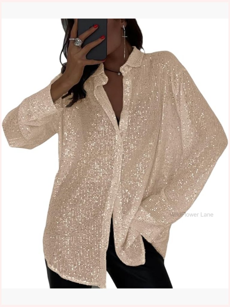 Sequins Long Sleeve Button Down Shirt Blouse Top Sheer Sparkle Party